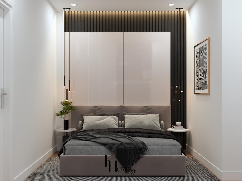 Phòng ngủ nhà phố 4x14m thiết kế gọn gàng với giường sát tường và tủ kịch trần, tối ưu không gian sử dụng