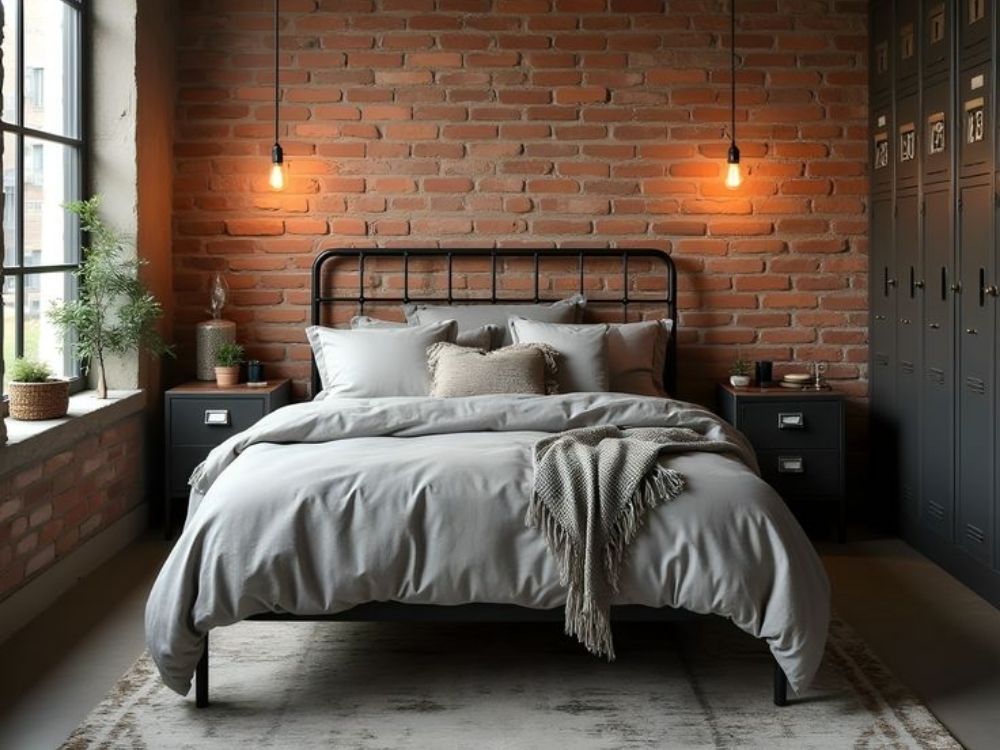 Phòng ngủ nhà phố 50m² thiết kế công nghiệp với giường khung sắt, tường gạch thô