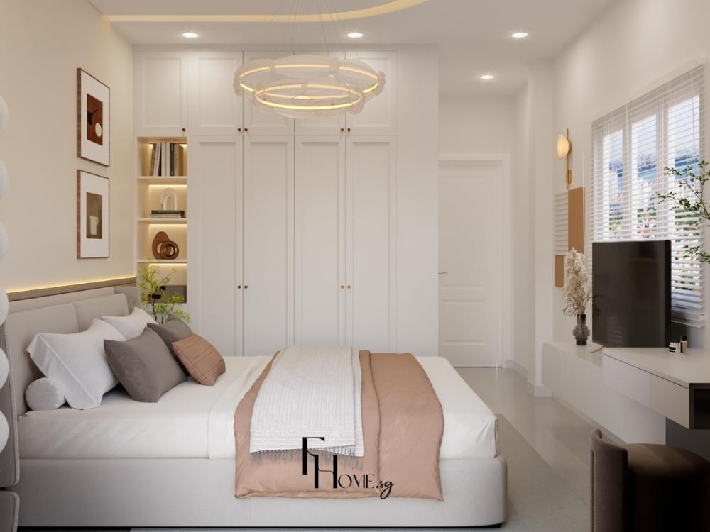 Phòng ngủ nhà phố 60m² nhỏ gọn nhưng tiện nghi, sử dụng gam màu sáng, tạo cảm giác rộng rãi