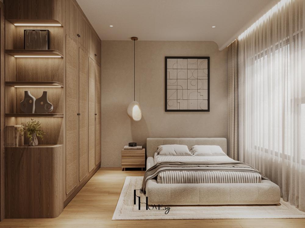 Phòng ngủ nhà phố 90m² 2 tầng bố trí tại tầng 2, đảm bảo riêng tư và yên tĩnh, nội thất gọn gàng