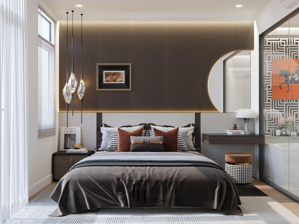 Phòng ngủ nhà phố hiện đại được bố trí hài hòa với nội thất gỗ tự nhiên và ánh sáng chan hòa