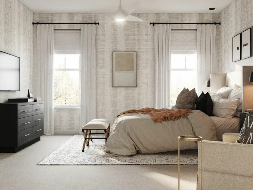 Phòng ngủ nhà phố nhỏ thiết kế Contemporary với giường gỗ công nghiệp