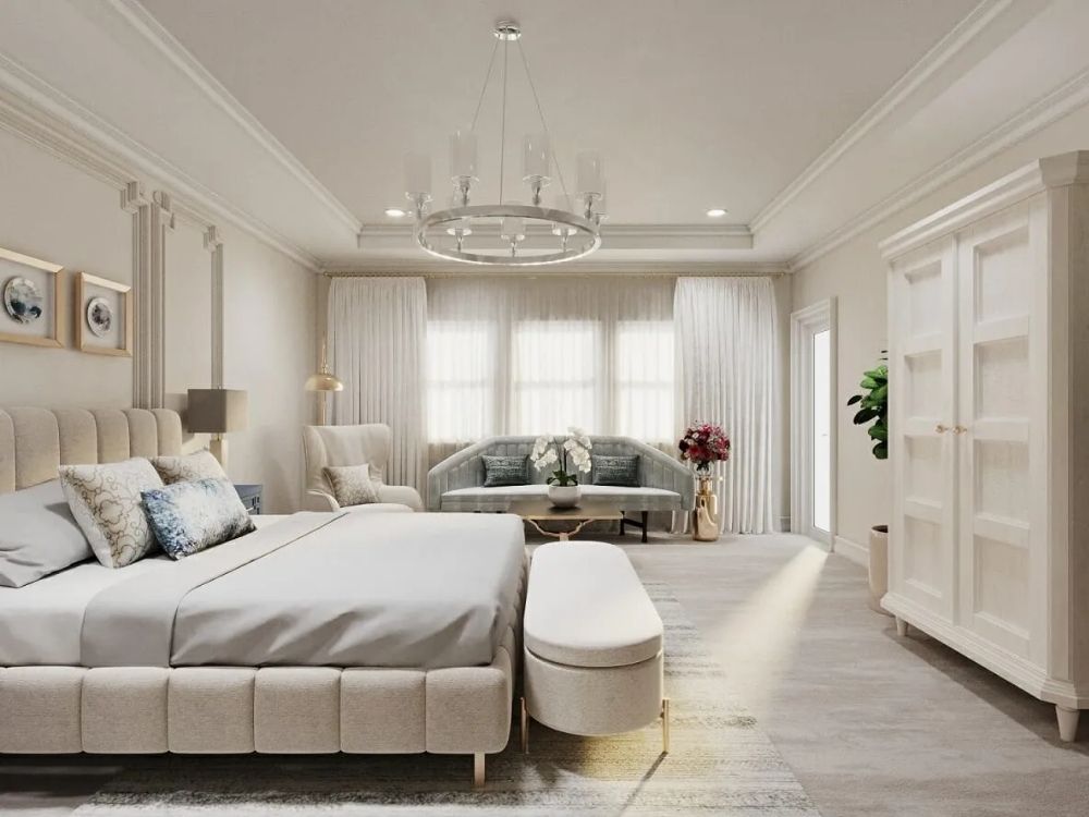 Phòng ngủ nhà phố nhỏ thiết kế Tân Cổ Điển với giường bọc nhung