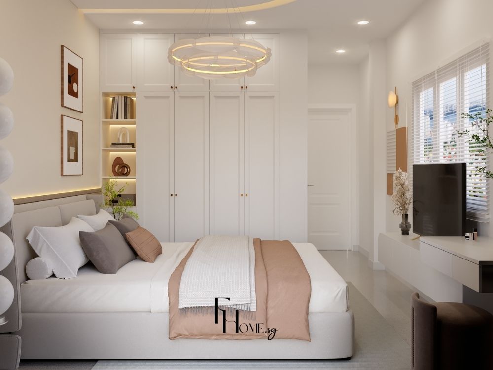 Phòng ngủ nhà phố nhỏ thiết kế Wabi Sabi với giường gỗ thô