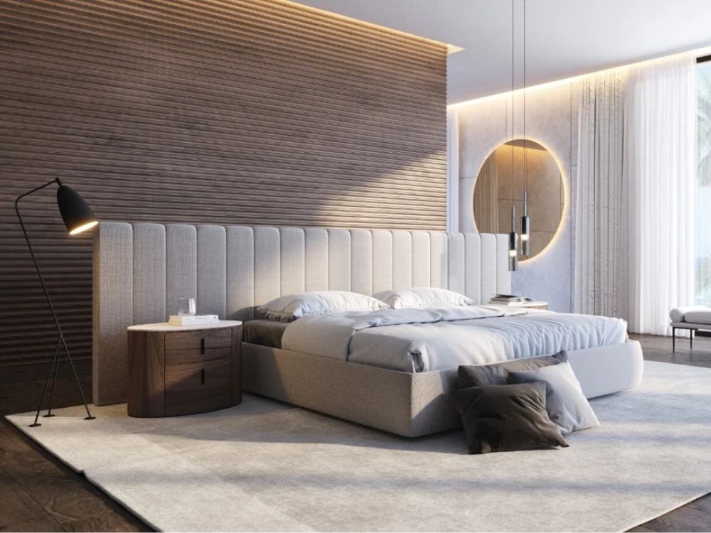 Phòng ngủ nhà phố nhỏ thiết kế hiện đại với giường có ngăn lưu trữ, sử dụng vật liệu chrome và kính, hệ thống chiếu sáng âm trần