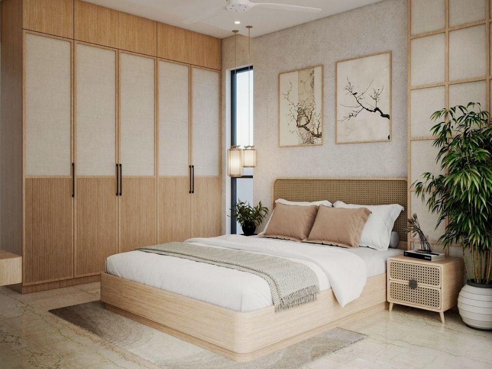 Phòng ngủ nhà phố nhỏ thiết kế tối giản với giường tatami, cửa sổ lớn