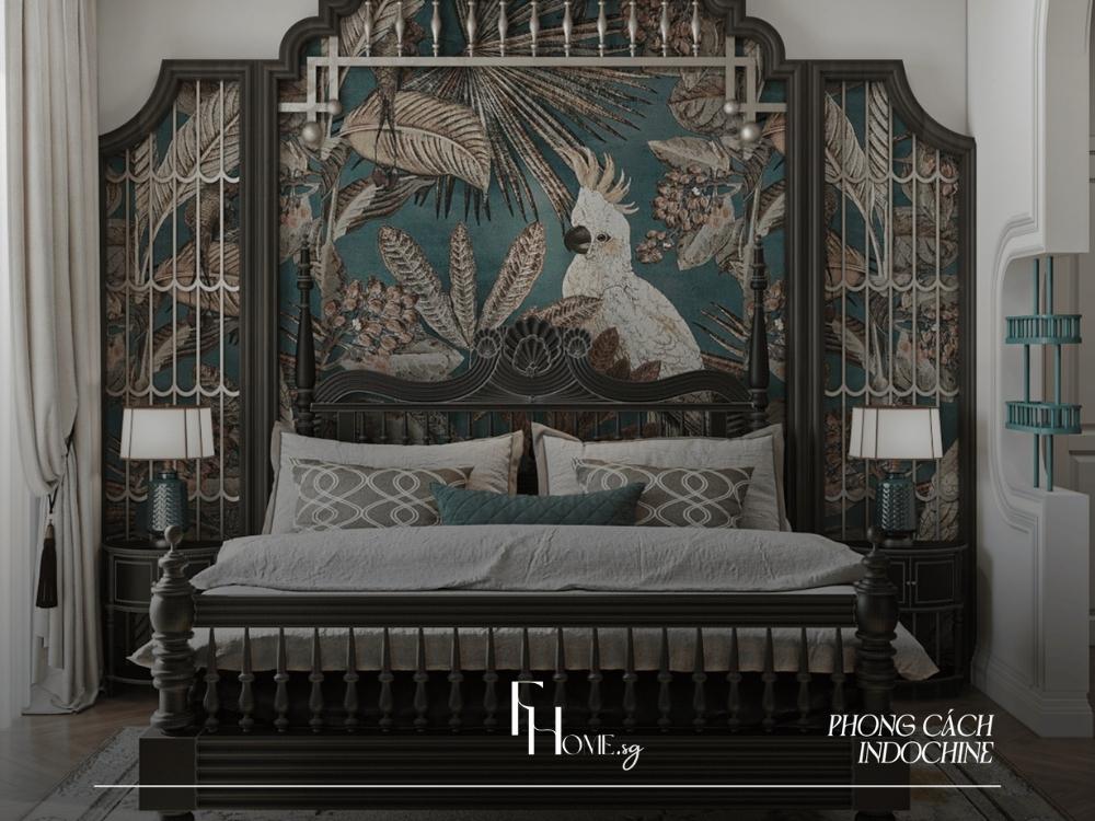 Phòng ngủ nhà phố phong cách Indochine với tông màu xanh nâu sang trọng