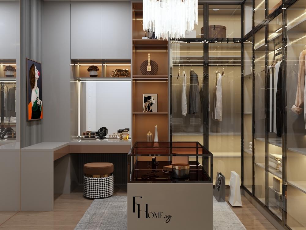 Phòng ngủ nhà phố phong cách Luxury với tủ đồ âm tường lớn trong phòng ngủ