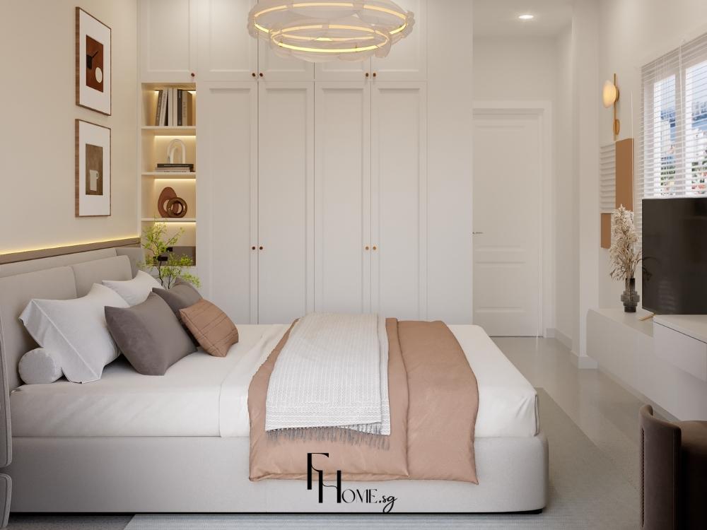 Phòng ngủ nhà phố phong cách Wabi Sabi, nội thất tối giản với giường gỗ, tường thô, chăn ga màu đất