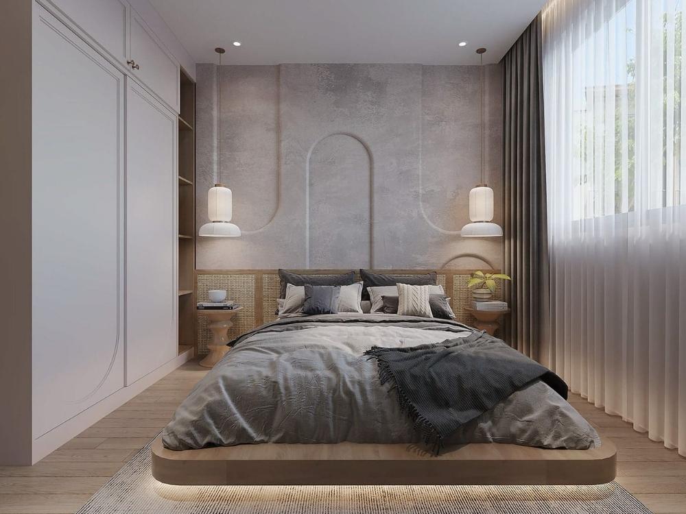 Phòng ngủ nhà phố theo phong cách Nhật Bản tông màu trắng xám chủ đạo