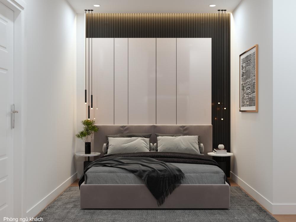 Phòng ngủ nhà phố thiết kế tối giản, màu sắc nhẹ nhàng, tạo không gian thư giãn và yên tĩnh