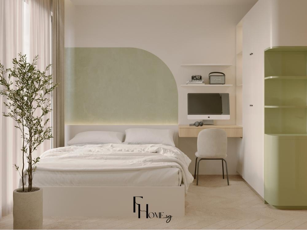 Phòng ngủ nhẹ nhàng với cây xanh bố trí gần cửa sổ, tạo không khí trong lành và cảm giác thư giãn, cân bằng cho gia chủ