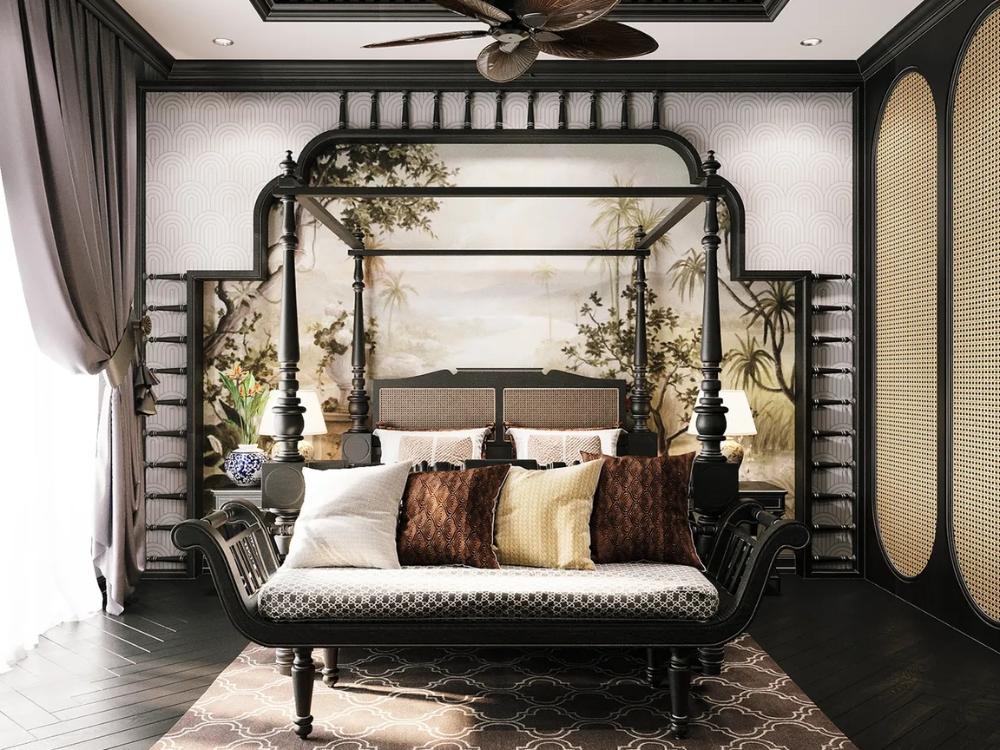 Phòng ngủ Đông Dương với màu sắc nâu gỗ mang đến không gian ấm áp, hoài cổ.