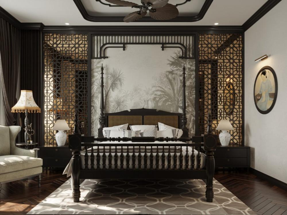 Phòng ngủ nhìn theo góc độ phong cách Indochine.