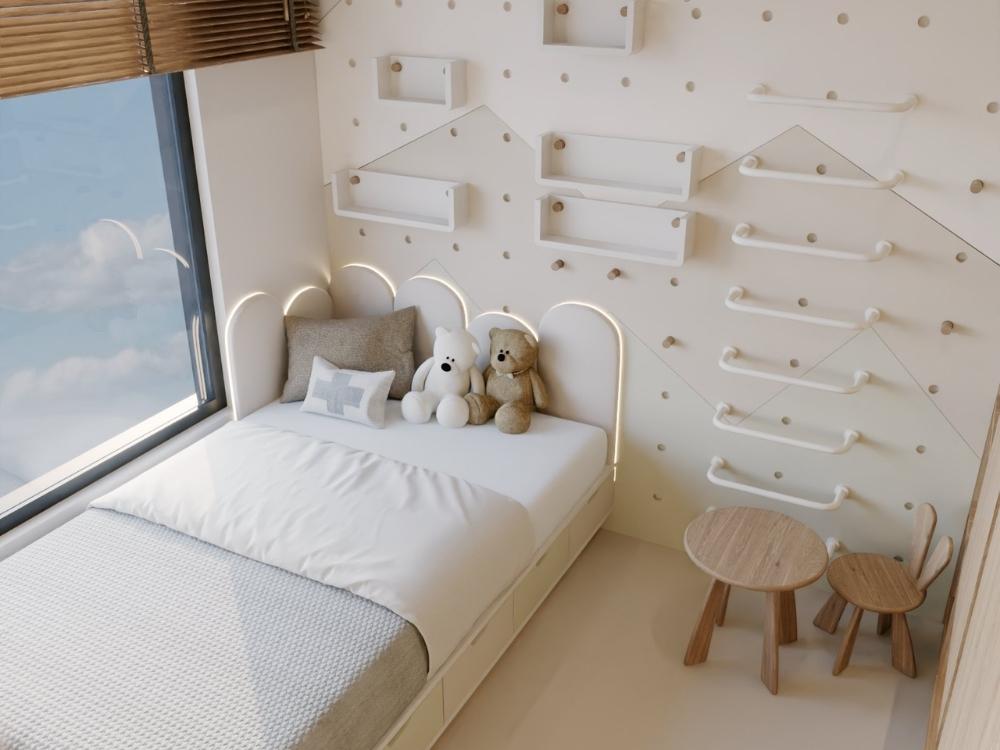 Phòng ngủ nhỏ 10m² với màu gỗ sồi, tông trắng – be và hệ thống lưu trữ thông minh như ngăn kéo dưới giường và kệ treo