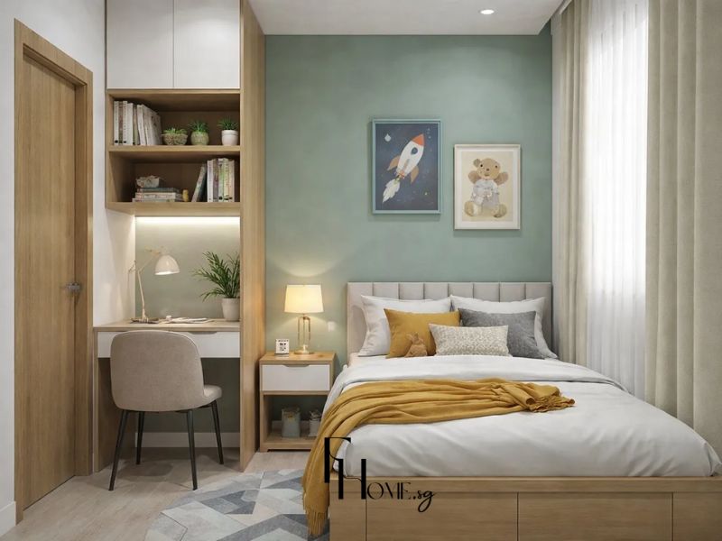Phòng ngủ nhỏ chung cư 45m2 2 phòng ngủ, tường xanh ngọc nhạt, giường gỗ sồi ngăn kéo gầm và bàn làm việc âm tường