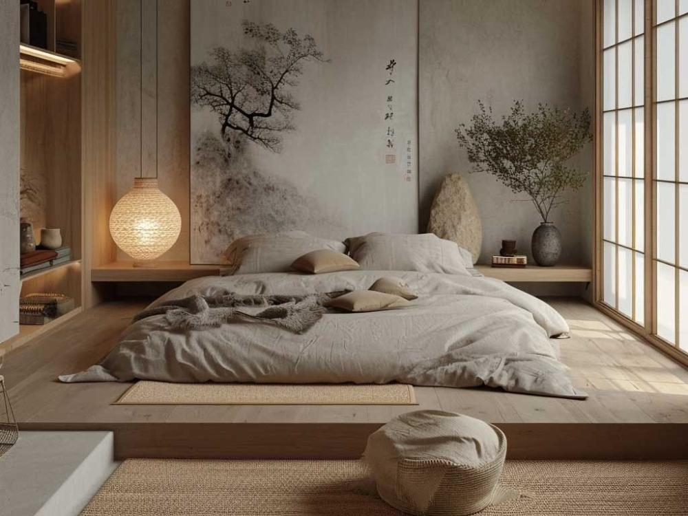 Phòng ngủ nhỏ dưới 15m² vẫn thoáng rộng nhờ thiết kế giường thấp và vật liệu tự nhiên thân thiện môi trường