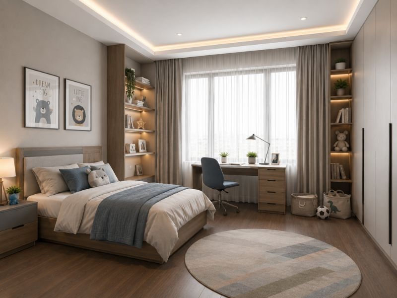 Phòng ngủ nhỏ sử dụng giường hộc kéo và bàn học liền tủ