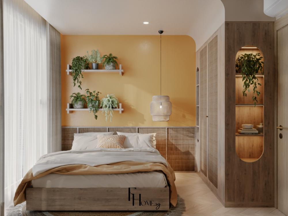 Phòng ngủ nhỏ với tông màu cam đất nhẹ nhàng