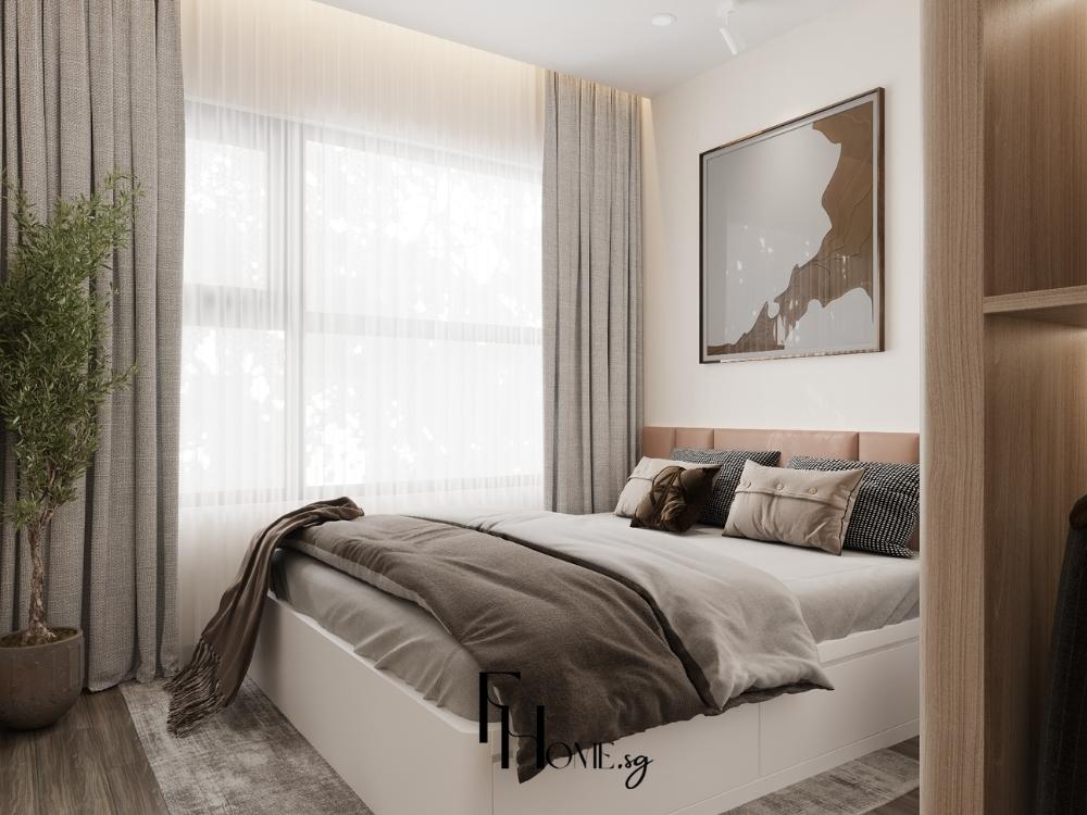 Phòng ngủ phối tông gỗ sáng và xám, tạo không gian yên bình, gần gũi với thiên nhiên