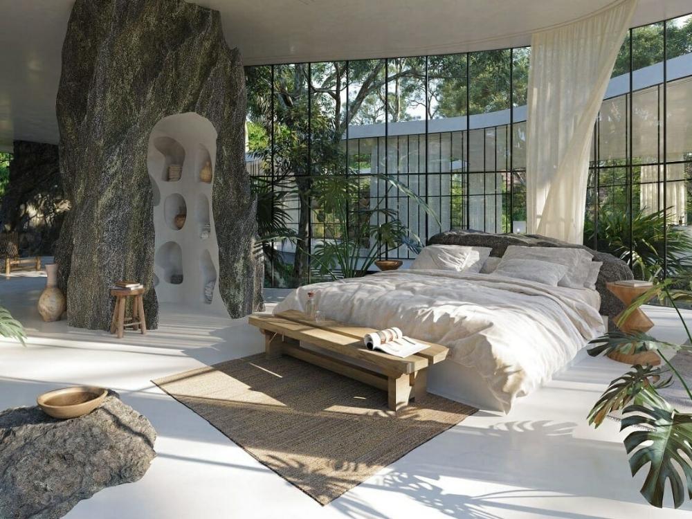 Phòng ngủ phong cách Biophilic với nhiều cây xanh và ánh sáng tự nhiên