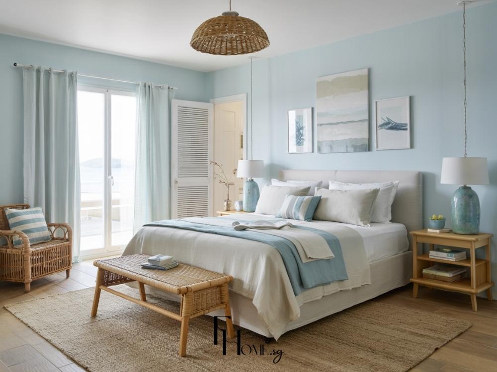 Phòng ngủ phong cách Coastal mang đến bầu không khí nghỉ dưỡng trong lành, với sắc xanh dịu mát, nội thất gỗ sáng màu
