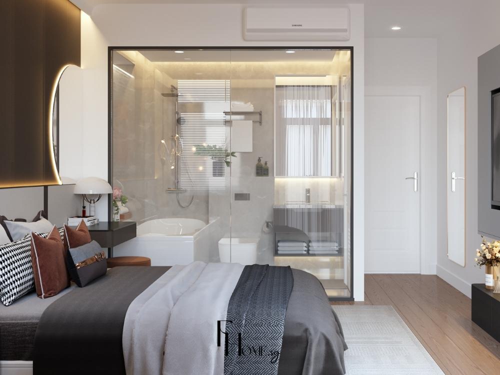 Phòng ngủ phong cách Hiện đại trong nhà phố 4 tầng, thiết kế với nội thất gọn gàng, tông màu trắng xám, đèn ngủ tinh tế và cửa kính lớn đón sáng tự nhiên