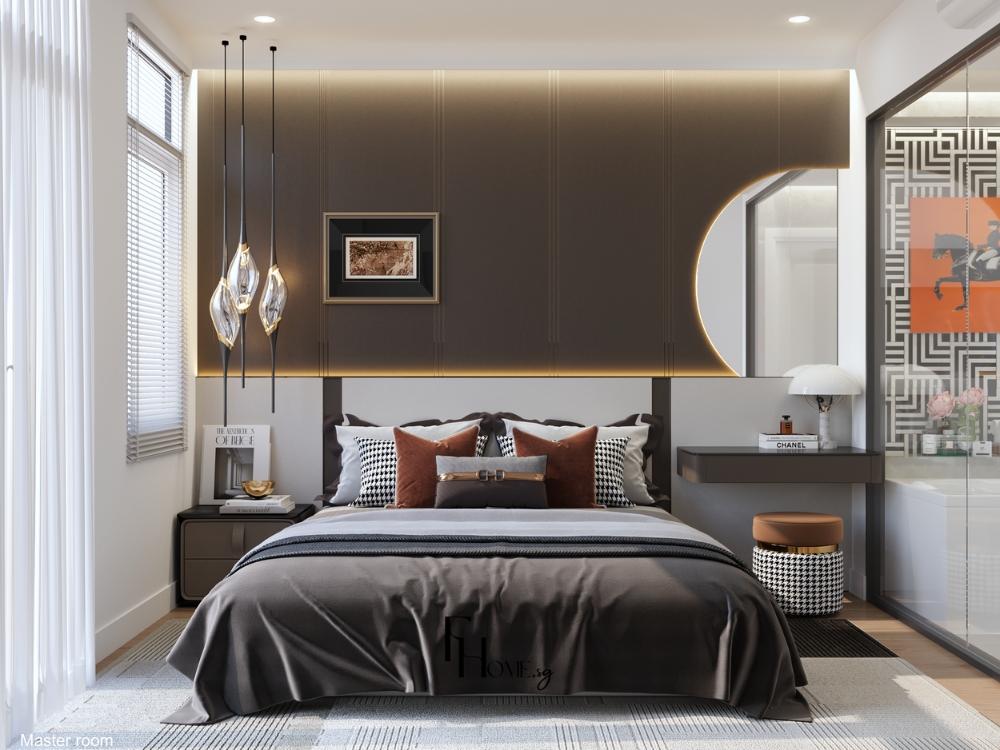 Phòng ngủ phong cách Hiện đại với đường nét rõ ràng, nội thất tối giản, bố trí gọn gàng