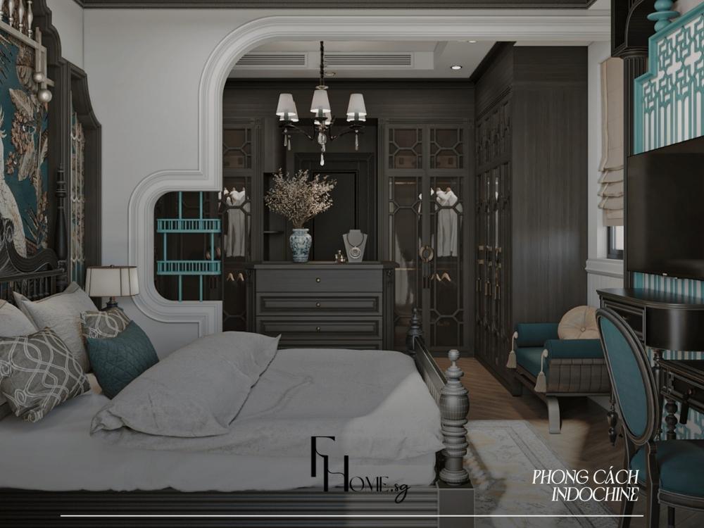 Phòng ngủ phong cách Indochine mang hơi thở xưa cũ nhưng vẫn tinh tế, sử dụng chất liệu tự nhiên và gam màu ấm áp