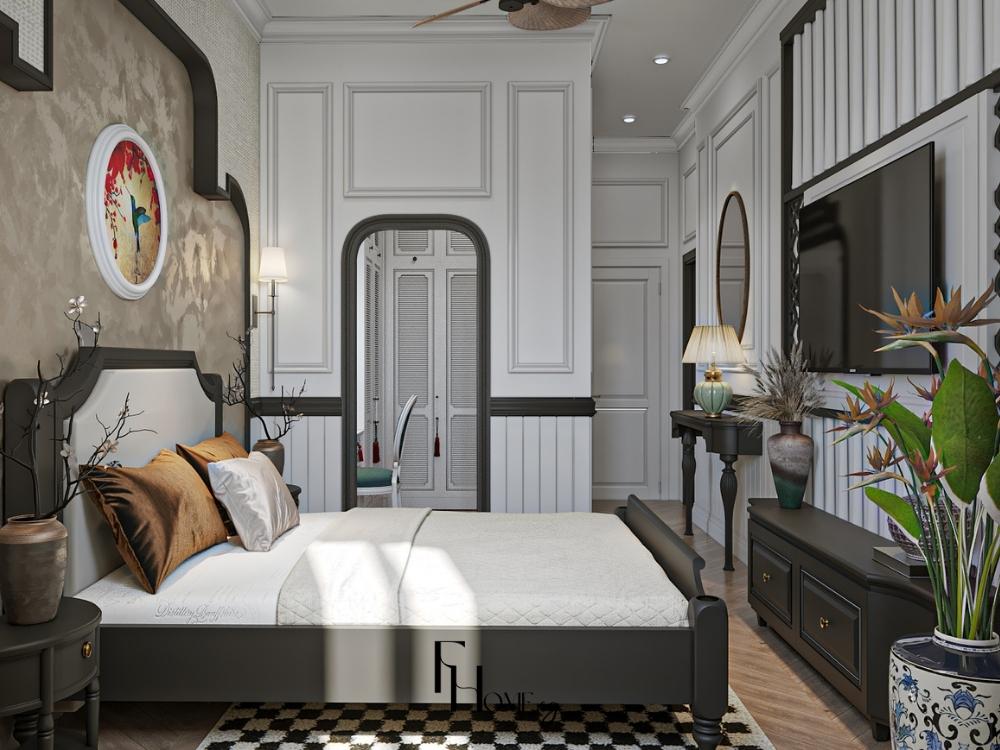 Phòng ngủ phong cách Indochine trong nhà phố 4 tầng, giường gỗ chạm trổ, đèn ngủ chao vải, tường vàng kem, rèm trắng mềm mại và gạch bông điểm nhấn tinh tế.