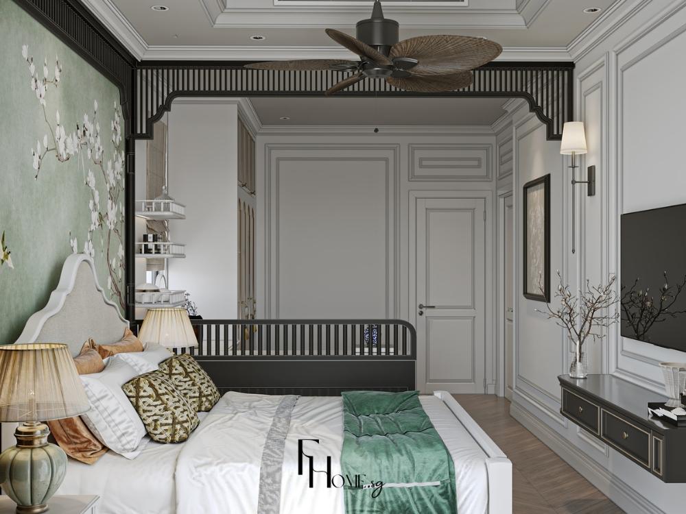 Phòng ngủ phong cách Indochine với tông màu xám trắng chủ đạo