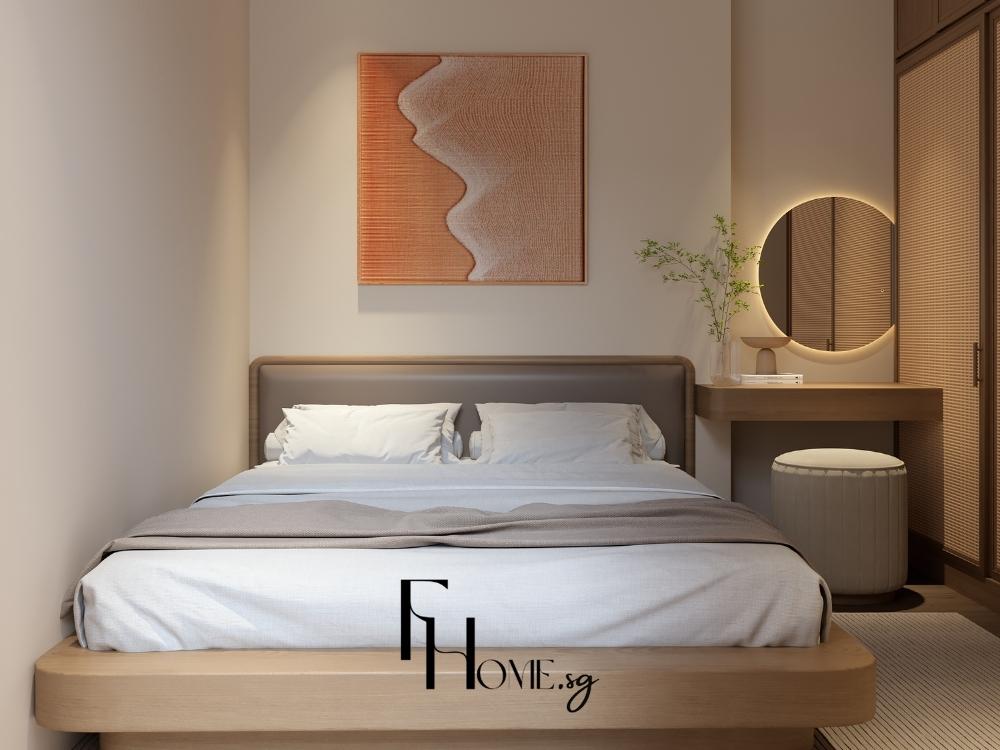 Phòng ngủ phong cách Japandi nhẹ nhàng, sử dụng gỗ sồi tự nhiên và gam màu trắng – be – nâu nhạt