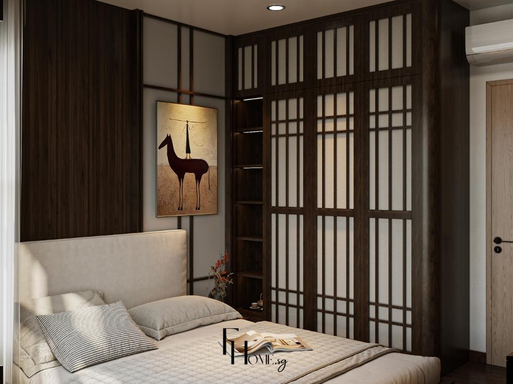 Phòng ngủ phong cách Japandi, thiết kế với gỗ sồi, mây và màu sắc trung tính như trắng và be