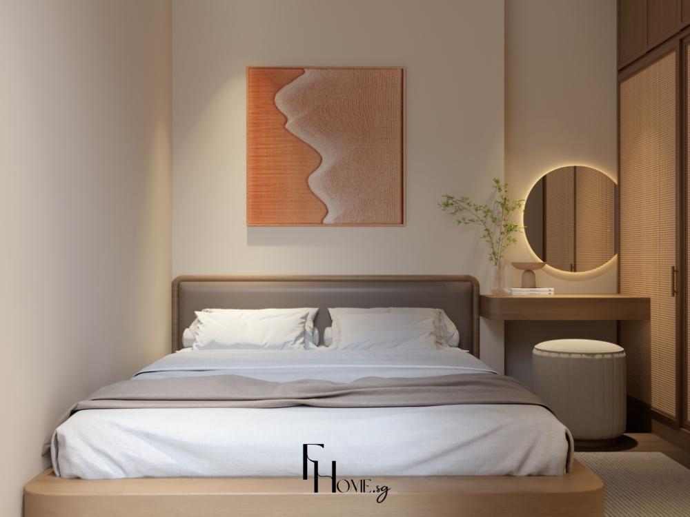 Phòng ngủ phong cách Japandi với giường gỗ, màu sắc nhẹ nhàng