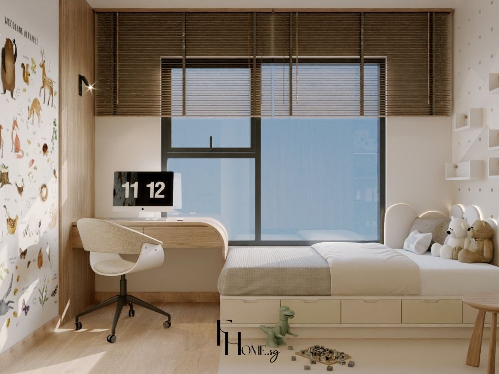 Phòng ngủ phong cách Japandi với giường gỗ sồi, nội thất tối giản và không gian nhẹ nhàng