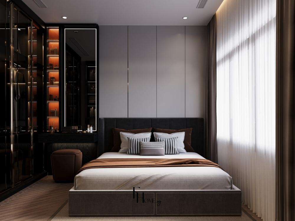 Phòng ngủ phong cách Luxury với giường đầu giường bọc da Italian, ánh sáng thông minh