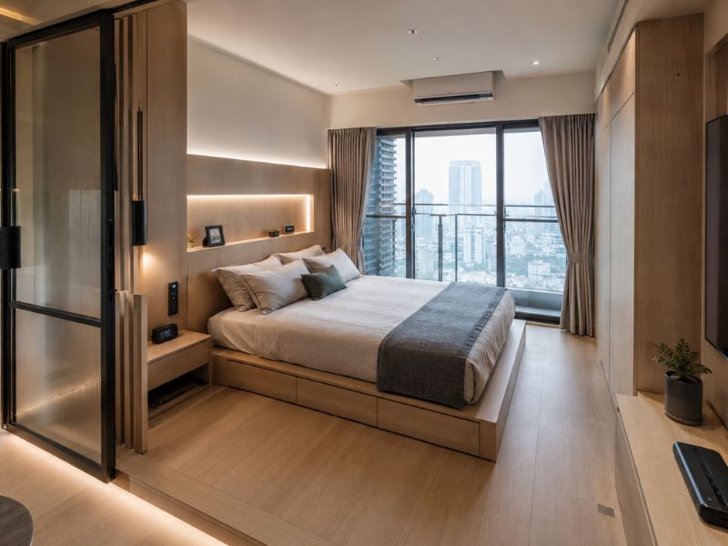 Phòng ngủ phong cách Nhật Bản hiện đại với giường bệt hộc kéo và vách kính mờ