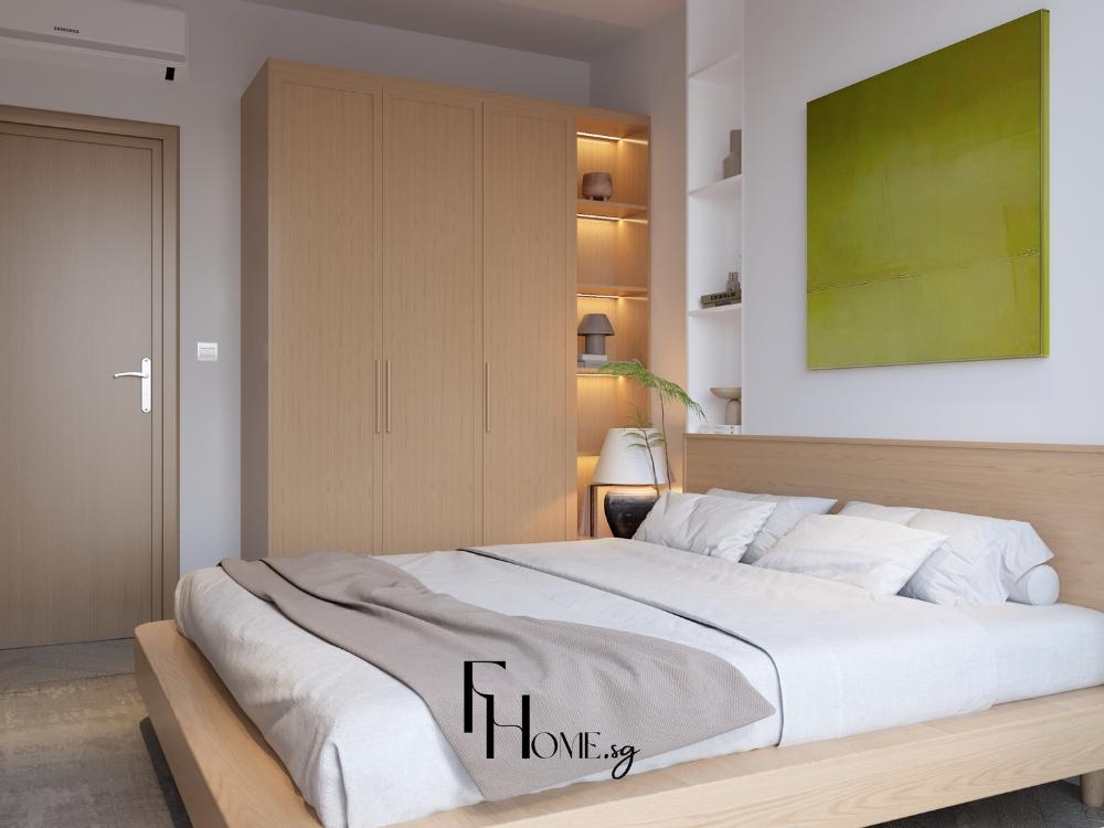 Phòng ngủ phong cách Nhật Bản ở góc nhìn khác, bố trí tối giản với giường thấp, cửa trượt và ánh sáng tự nhiên chan hòa