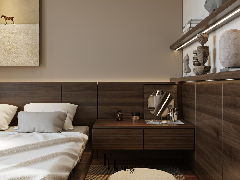 Phòng ngủ phong cách Nhật Bản tối giản với giường bệt, tủ âm tường và tông màu trung tính, tạo không gian thanh tịnh và thư giãn