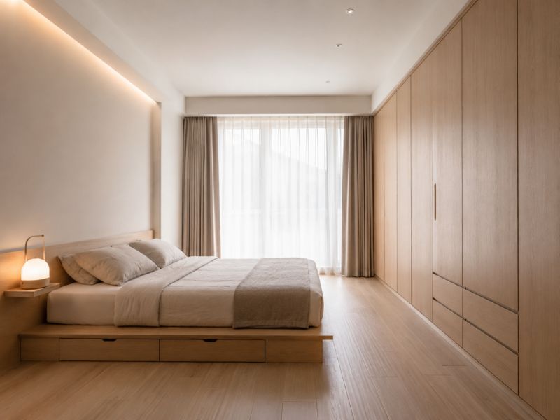Phòng ngủ phong cách Nhật Bản tối giản với giường bệt, tủ âm tường và ánh sáng tự nhiên