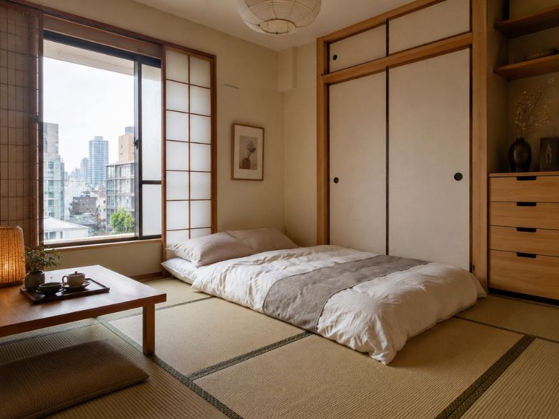 Phòng ngủ phong cách Nhật Bản với chiếu Tatami, nệm Futon và cửa lùa Shoji