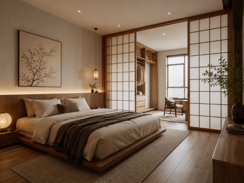 Phòng ngủ phong cách Nhật Bản với cửa lùa Shoji, giường bệt và tủ gỗ âm tường