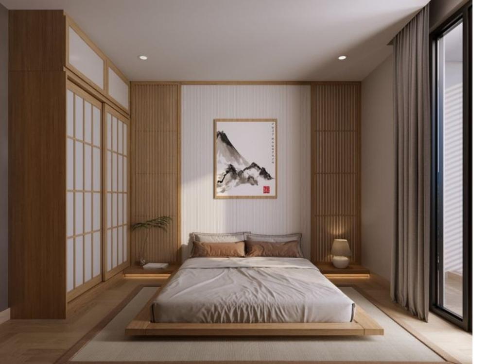 Phòng ngủ phong cách Nhật Bản với giường bệt và chiếu Tatami, tạo cảm giác gần gũi, ấm áp và tối giản