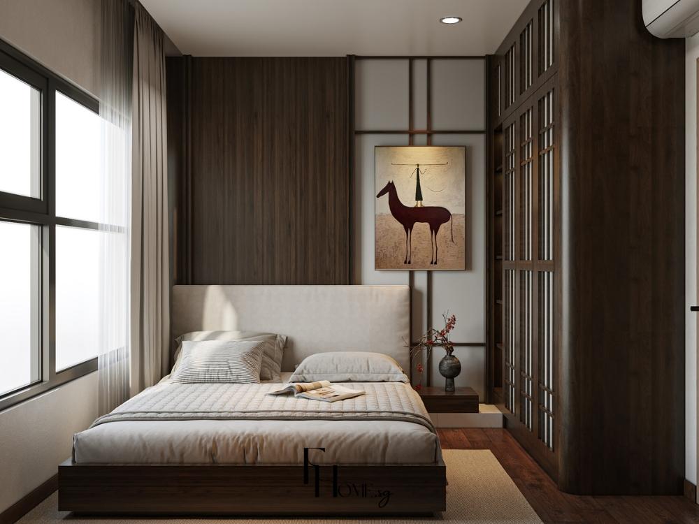 Phòng ngủ phong cách Nhật Bản với giường ngủ kiểu sàn (tatami) bằng gỗ tuyết tùng, chăn ga màu trắng ngà