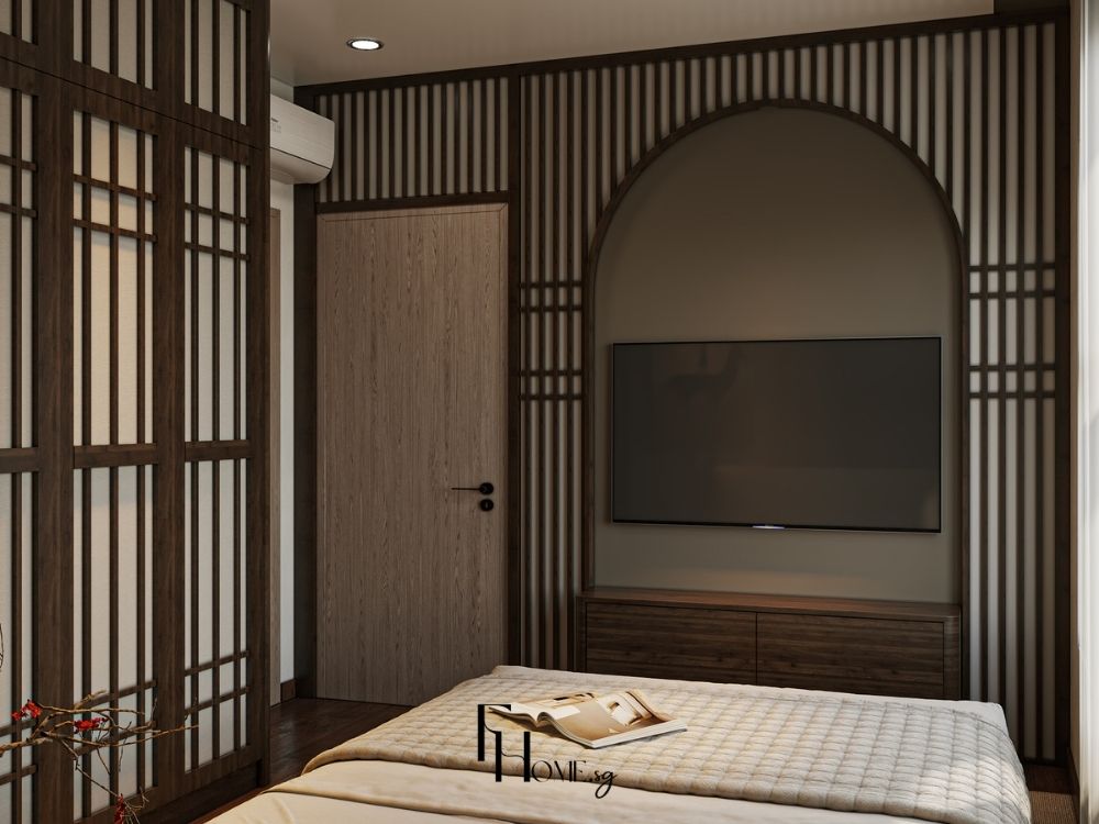 Phòng ngủ phong cách Nhật Bản với giường tatami, nội thất gỗ thông và không gian yên tĩnh