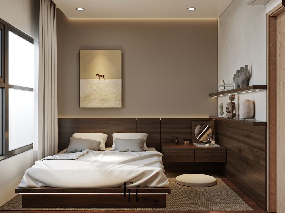 Phòng ngủ phong cách Nhật Bản với nệm màu trắng cửa sổ lớn 