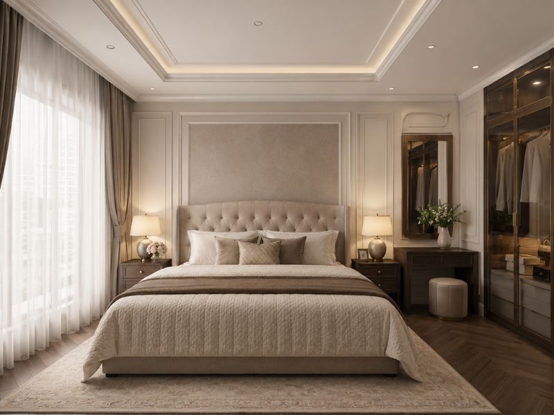 Phòng ngủ phong cách Tân Cổ Điển với giường bọc nệm, tường phào chỉ, bàn trang điểm và tủ kính cánh tối màu