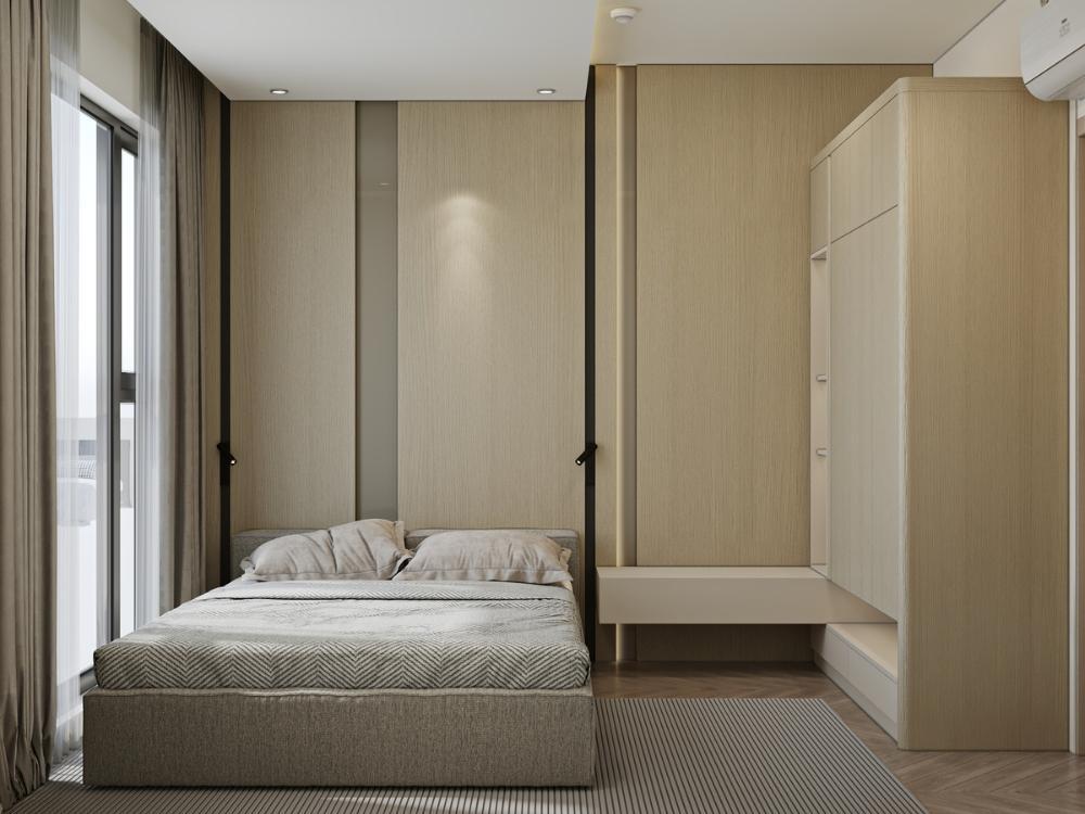 Phòng ngủ phong cách Tối giản với giường thấp, tủ âm tường và rèm cửa màu trung tính