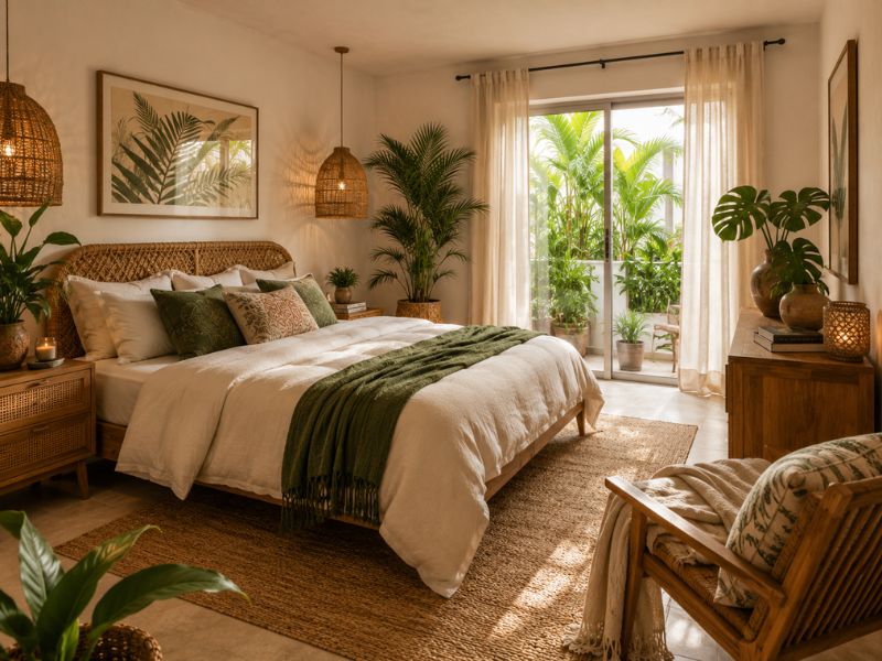 Phòng ngủ phong cách Tropical Boho với giường gỗ, đầu giường mây, đèn tre, chăn gối tông xanh và cây xanh cạnh cửa sổ