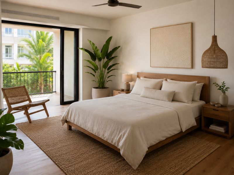 Phòng ngủ phong cách Tropical Modern với giường gỗ, ga trắng, đèn mây tre và cây xanh cạnh ban công